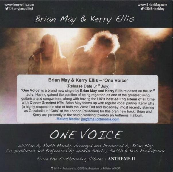 Brian May & Kerry Ellis 'One Voice' UK promo CD back sleeve