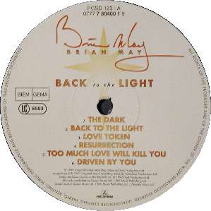 Brian May 'Back To The Light' UK LP label