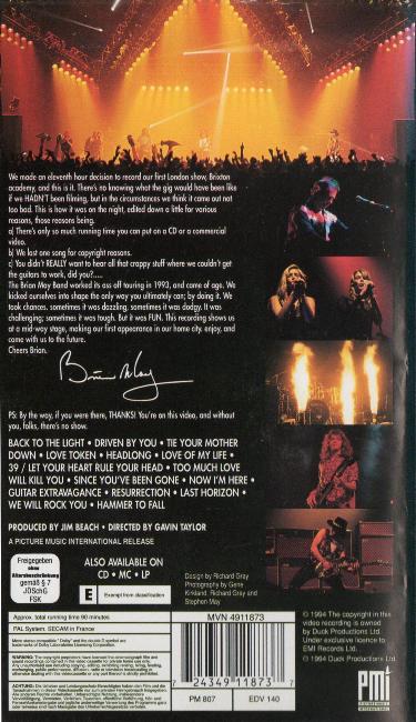Brian May 'Live At The Brixton Academy' UK VHS back sleeve