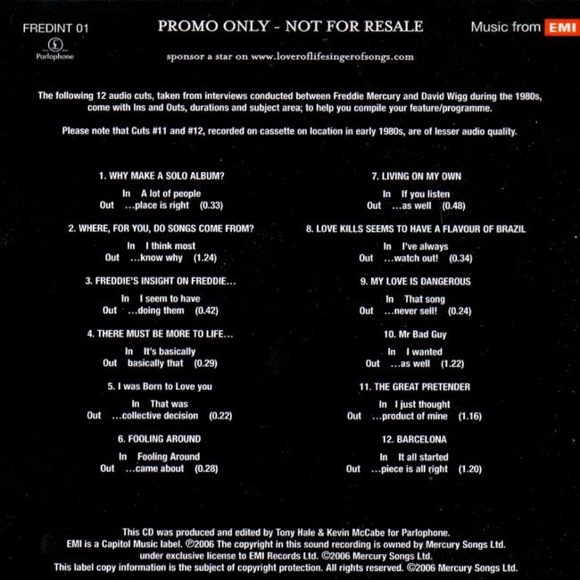 Freddie Mercury 'Lover Of Life, Singer Of Songs - In His Own Words' UK promo CD back sleeve