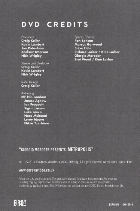 'Metropolis' UK DVD Steelbook insert back
