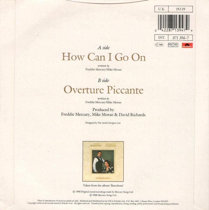 Freddie Mercury 'How Can I Go On' UK 7" back sleeve