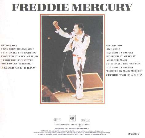 Freddie Mercury 'I Was Born To Love You' UK 7" double pack back sleeve