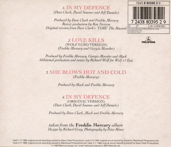 Freddie Mercury 'In My Defence' UK CD1 back sleeve