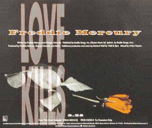 Freddie Mercury 'Love Kills ' US promo CD back sleeve
