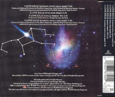 Freddie Mercury 'Love Kills' German CD back sleeve