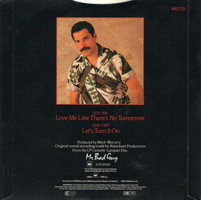 Freddie Mercury 'Love Me Like There's No Tomorrow' UK 7" back sleeve