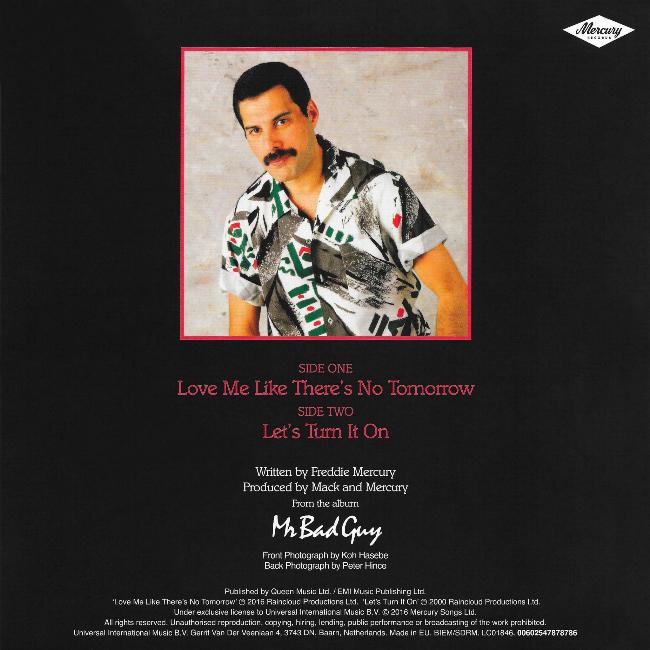 Freddie Mercury 'Love Me Like There's No Tomorrow' 2016 'Messenger Of The Gods' 7" back sleeve
