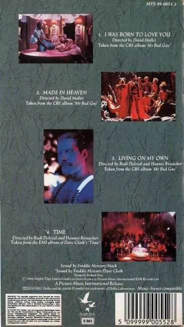 Freddie Mercury 'The Freddie Mercury Video EP' UK VHS back sleeve