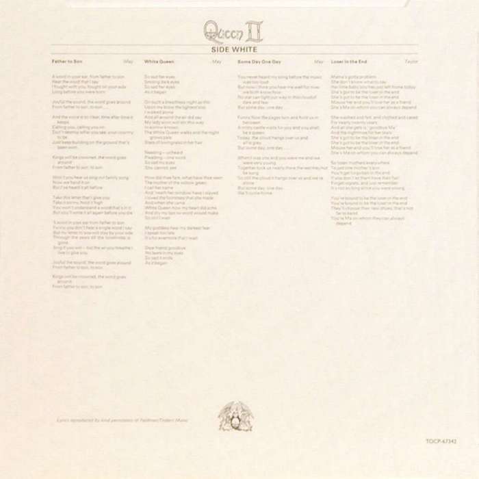 Queen 'Queen II' UK LP inner sleeve