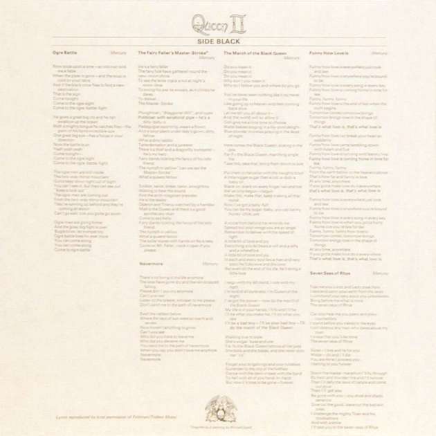 Queen 'Queen II' UK LP inner sleeve