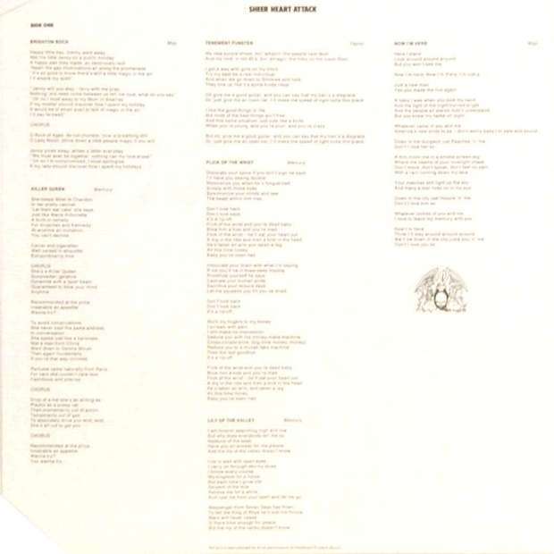 Queen 'Sheer Heart Attack' UK LP inner sleeve