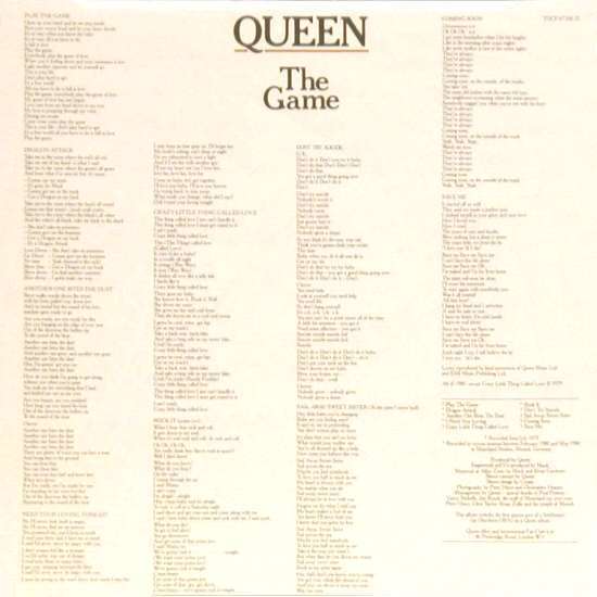 Queen 'The Game' UK LP inner sleeve