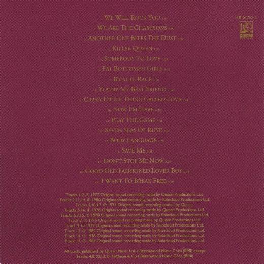 Queen 'Greatest Hits' US 1992 CD booklet back sleeve