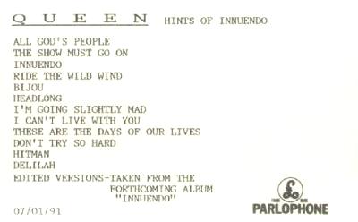 Queen 'Hints Of Innuendo' UK cassette promo front sleeve