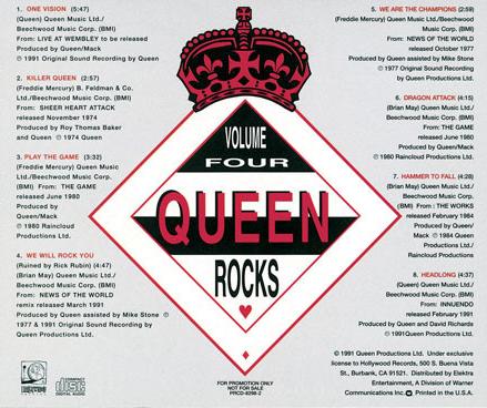 Queen 'Queen Rocks' US volume 4 promo CD back sleeve