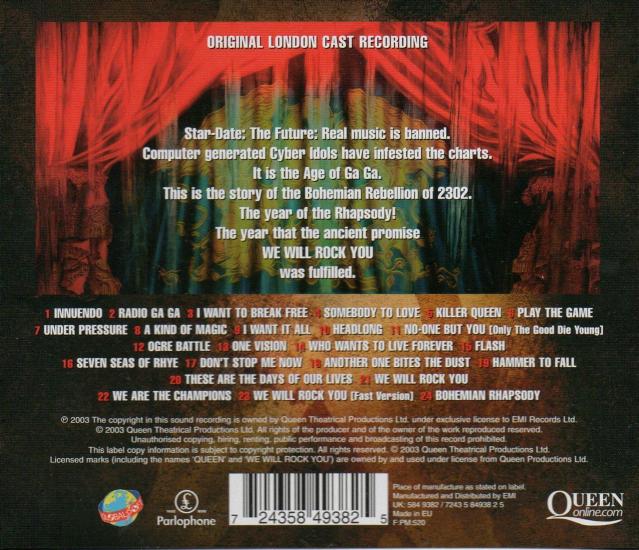 'We Will Rock You' musical UK cast album reissue CD back sleeve