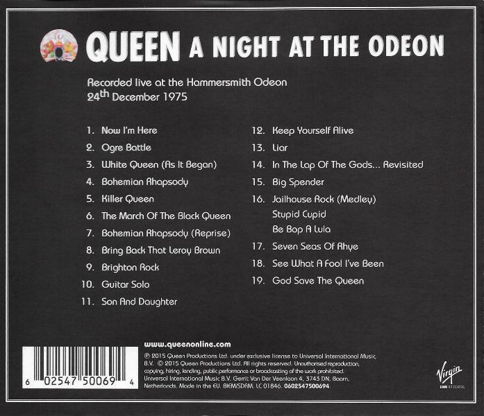 Queen 'A Night At The Odeon' UK CD back sleeve