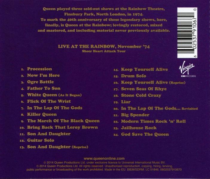 Queen 'Live At The Rainbow '74' single CD back sleeve