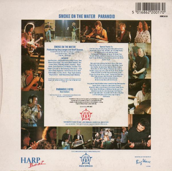 Rock Aid Armenia 'Smoke On The Water' UK 1989 7" back sleeve