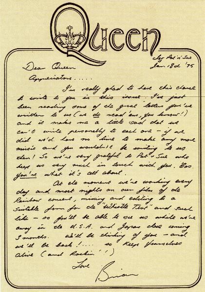 1975 Brian May handwritten fan club letter