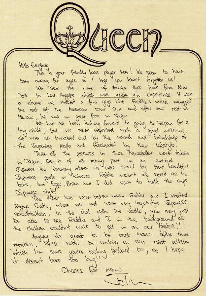 1975 John Deacon handwritten fan club letter