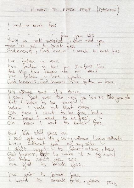 'I Want To Break Free' hardwritten lyrics front