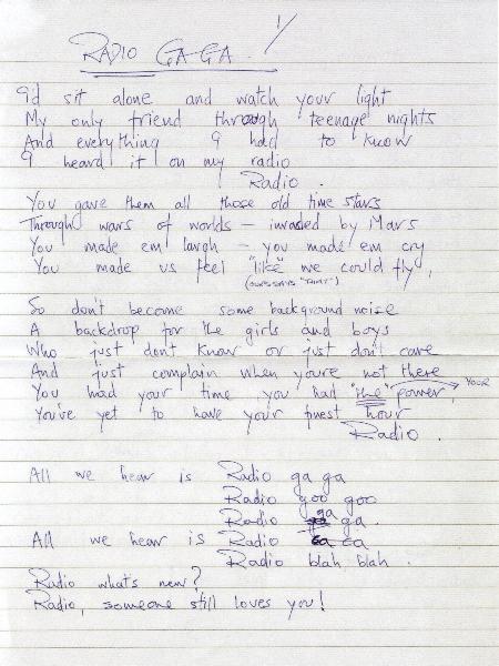 'Radio Ga Ga' hardwritten lyrics front