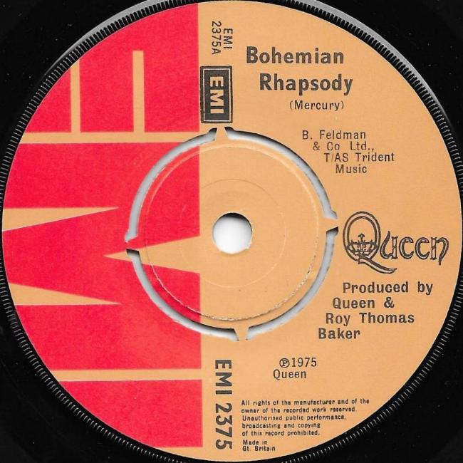 Queen 'Bohemian Rhapsody' UK 7" label