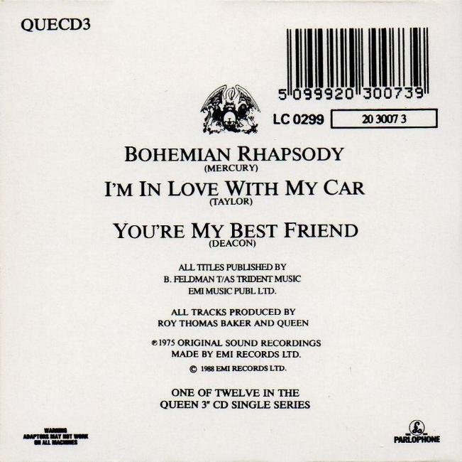 Queen 'Bohemian Rhapsody' UK CD back sleeve