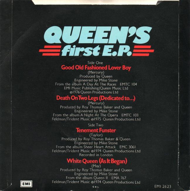 Queen 'Queen's First EP' UK 7" back sleeve