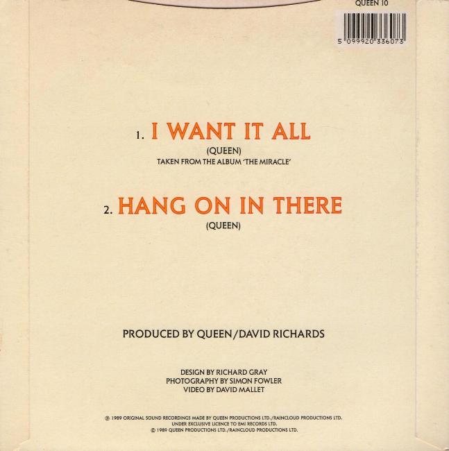 Queen 'I Want It All' UK 7" back sleeve