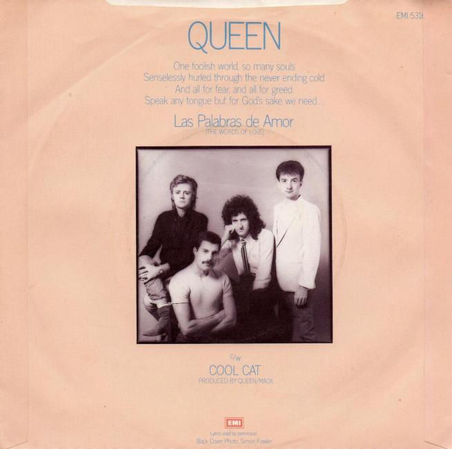Queen 'Las Palabras De Amor' UK 7" back sleeve