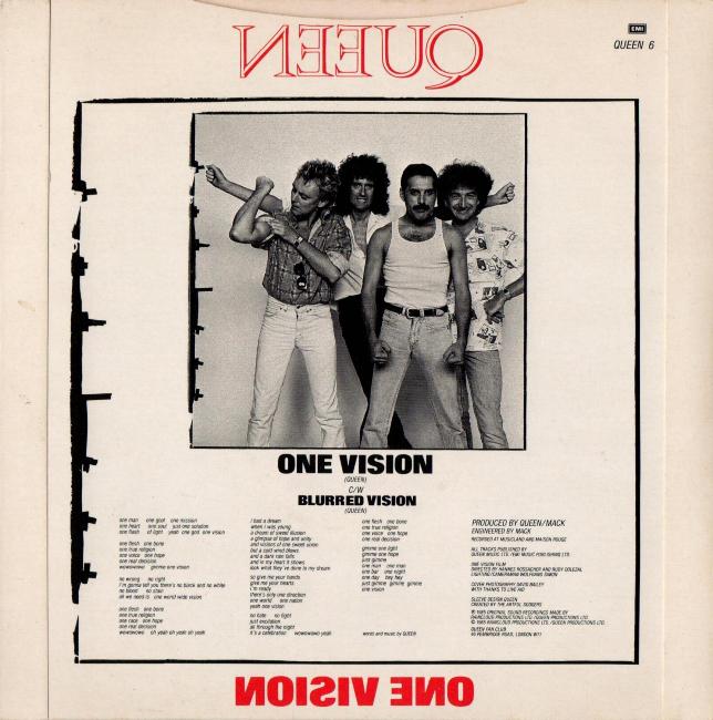 Queen 'One Vision' UK 7" back sleeve