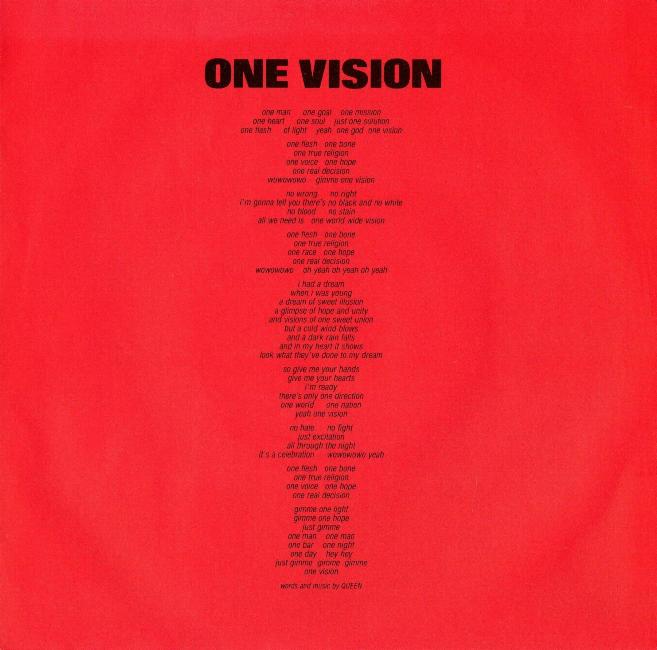 Queen 'One Vision' UK 7" double sleeve inner