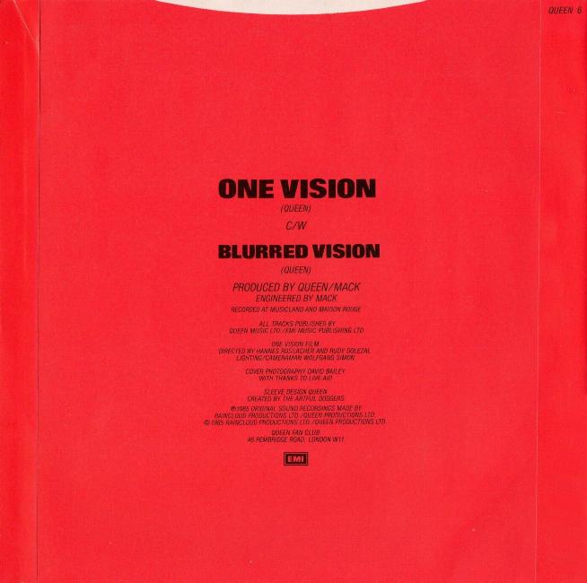 Queen 'One Vision' UK 7" double sleeve inner