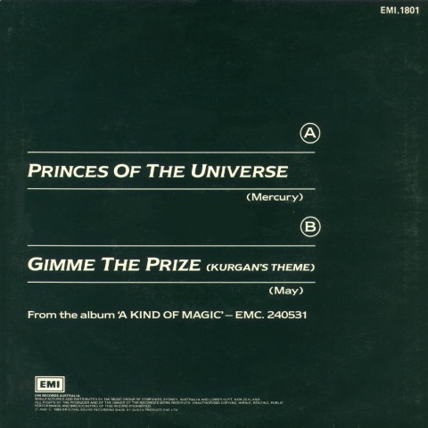 Queen 'Princes Of The Universe' Australian 7" back sleeve