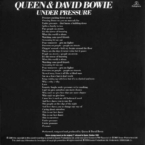 Queen 'Under Pressure' UK Singles Collection CD back sleeve