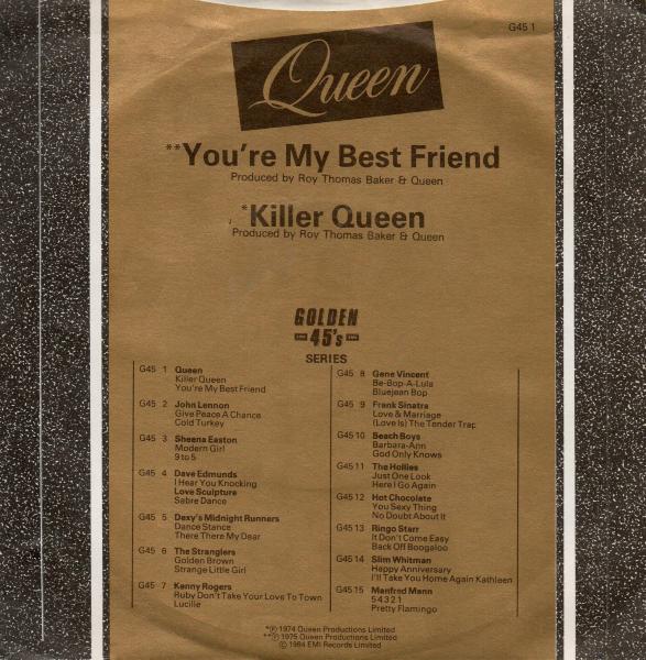 Queen 'You're My Best Friend' UK 7" Golden Oldie reissue back sleeve