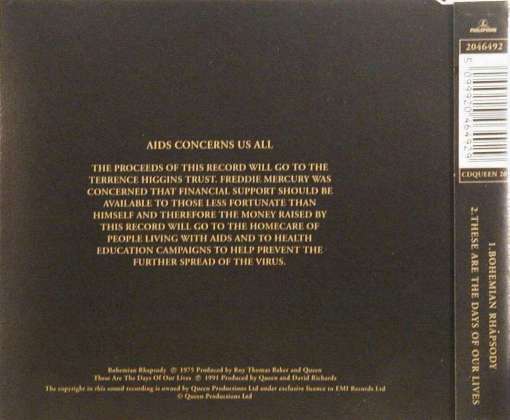 Queen 'Bohemian Rhapsody' UK CD back sleeve