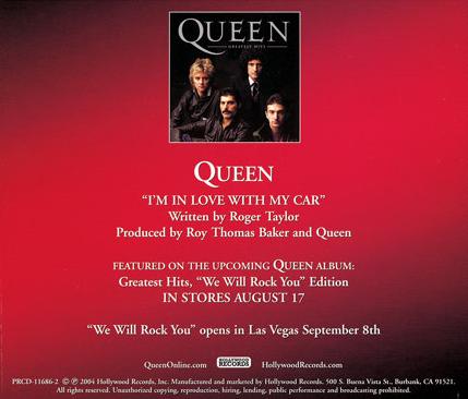 Queen 'I'm In Love With My Car' US promo CD back sleeve