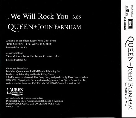 Queen 'We Will Rock You (with John Farnham)' Australian promo CD back sleeve