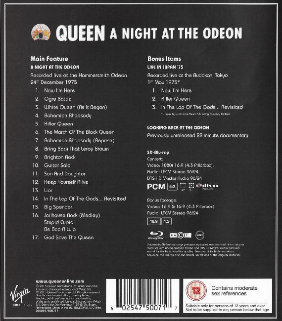 Queen 'A Night At The Odeon' UK Blu-ray back sleeve