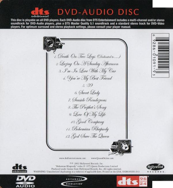 Queen 'A Night At The Opera' US DVD Audio back sleeve