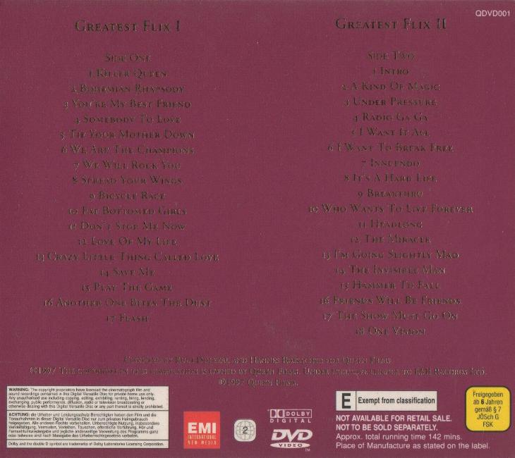 Queen 'Greatest Flix I & II' UK DVD back sleeve