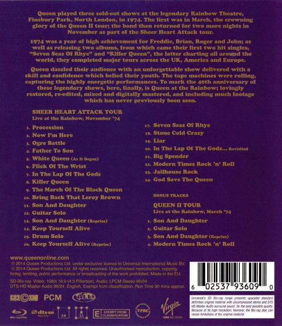 Queen 'Live At The Rainbow '74' Blu-ray back sleeve