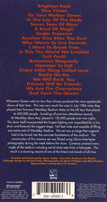 Queen 'Live At Wembley' US VHS back sleeve