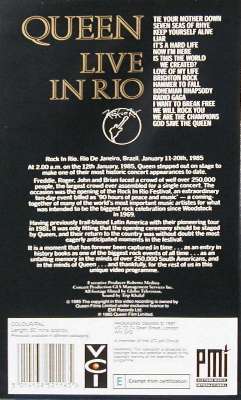 Queen 'Live In Rio' UK VHS back sleeve