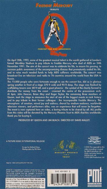 Queen 'The Freddie Mercury Tribute Concert' Brazilian VHS volume 1 back sleeve