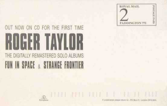 Roger Taylor 'Fun In Space / Strange Frontier' promo postcard back